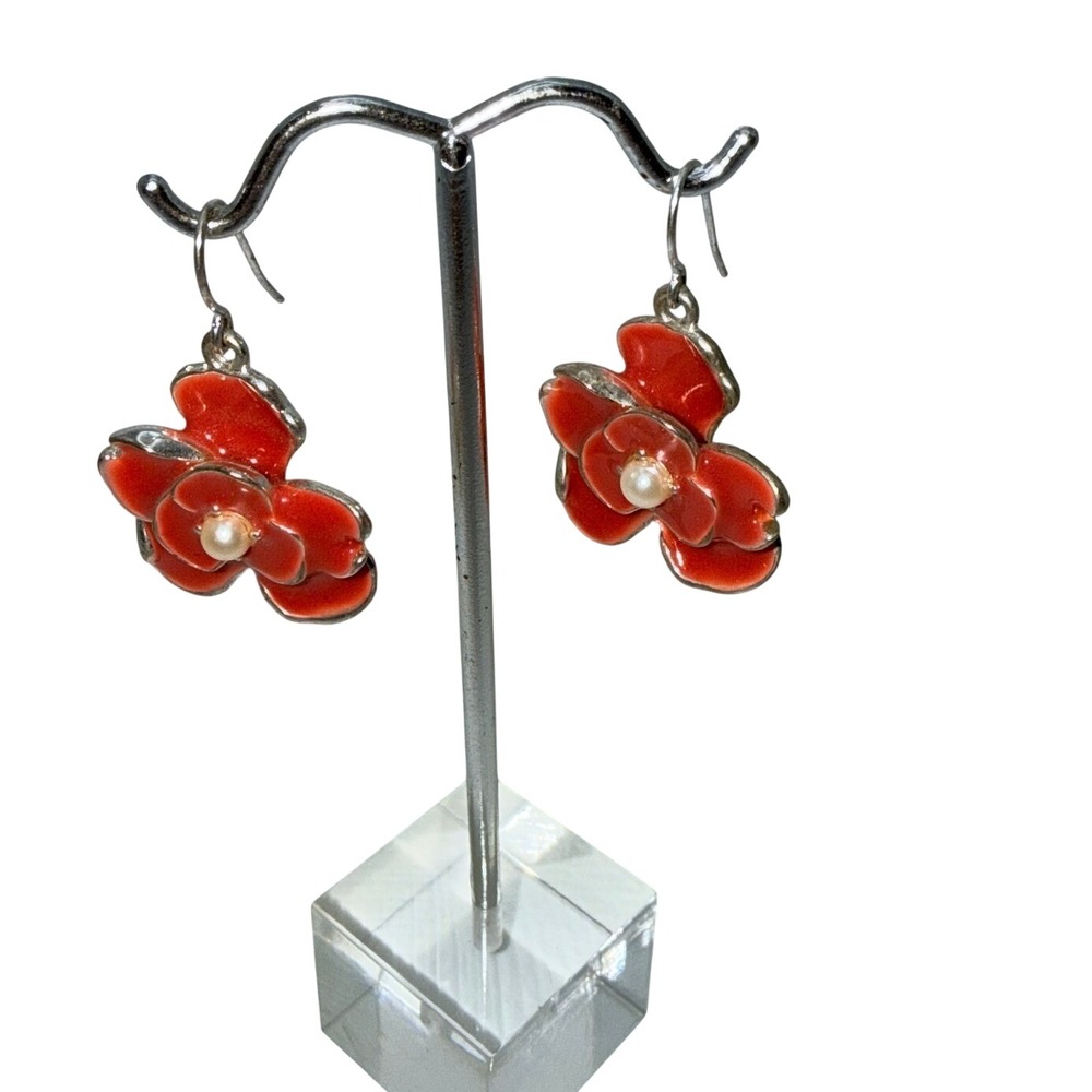 True Vintage Charming Red Flower Pearl Dangle Earrings Silver Tone